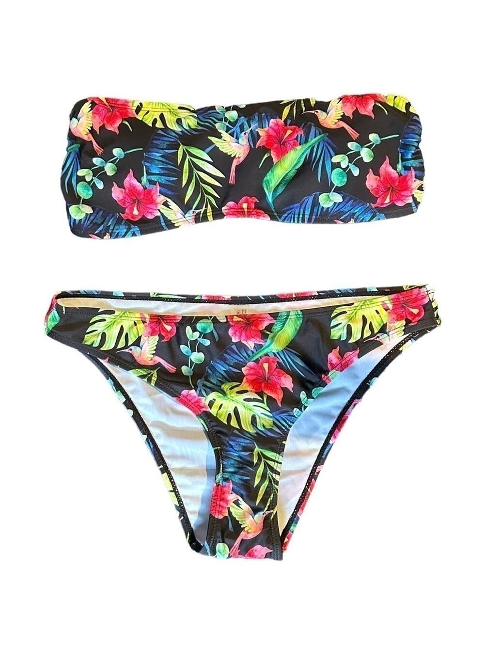 Summer Beach Tropical Print Bandeau Bikini Swimsuit